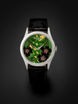 Lot 87 - .Patek Philippe. A very fine platinum automatic wristwatch with polychrome enamel dial Japanese Kimono